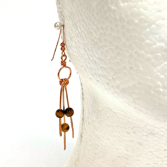 HANDMADE Tigers Eye and Hand Wrapped and Hammered Bare Copper Dangle Earrings - Picture 8 of 10
